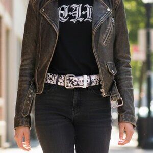 Skull Pattern Women's Studded Black and White Italian Style PUSplit Leather Belt